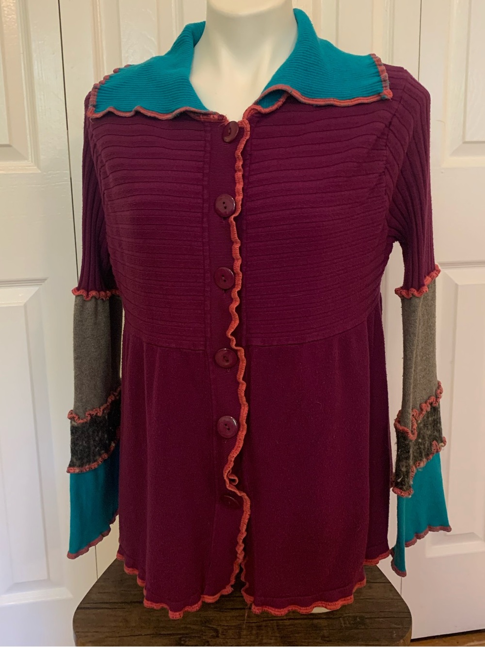 Purple Button-Front Knit Cardigan Boho Patchwork Style
